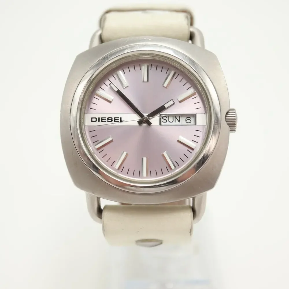 Diesel Mens 40mm Day Date Pink Silver Watch White Leather DZ5090 w New Battery